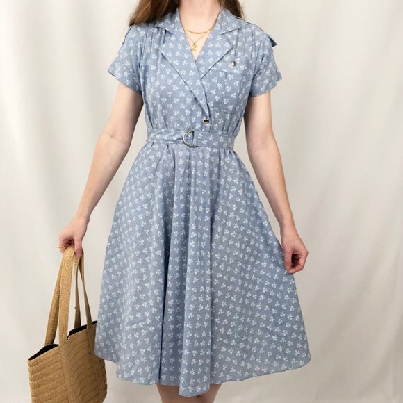 Vintage Mid Century Modern Floral Belted Secretary Midi Dress Collared Preppy - Picture 9 of 9